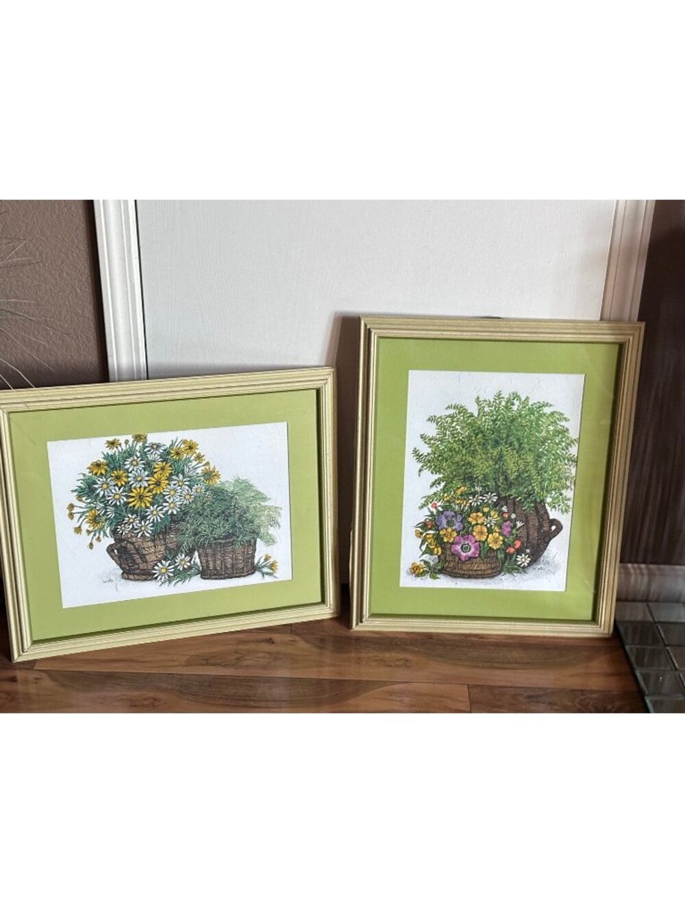 Ida Pellei Field Flower Green Floral Prints Framed Botanical Basket Art Vintage